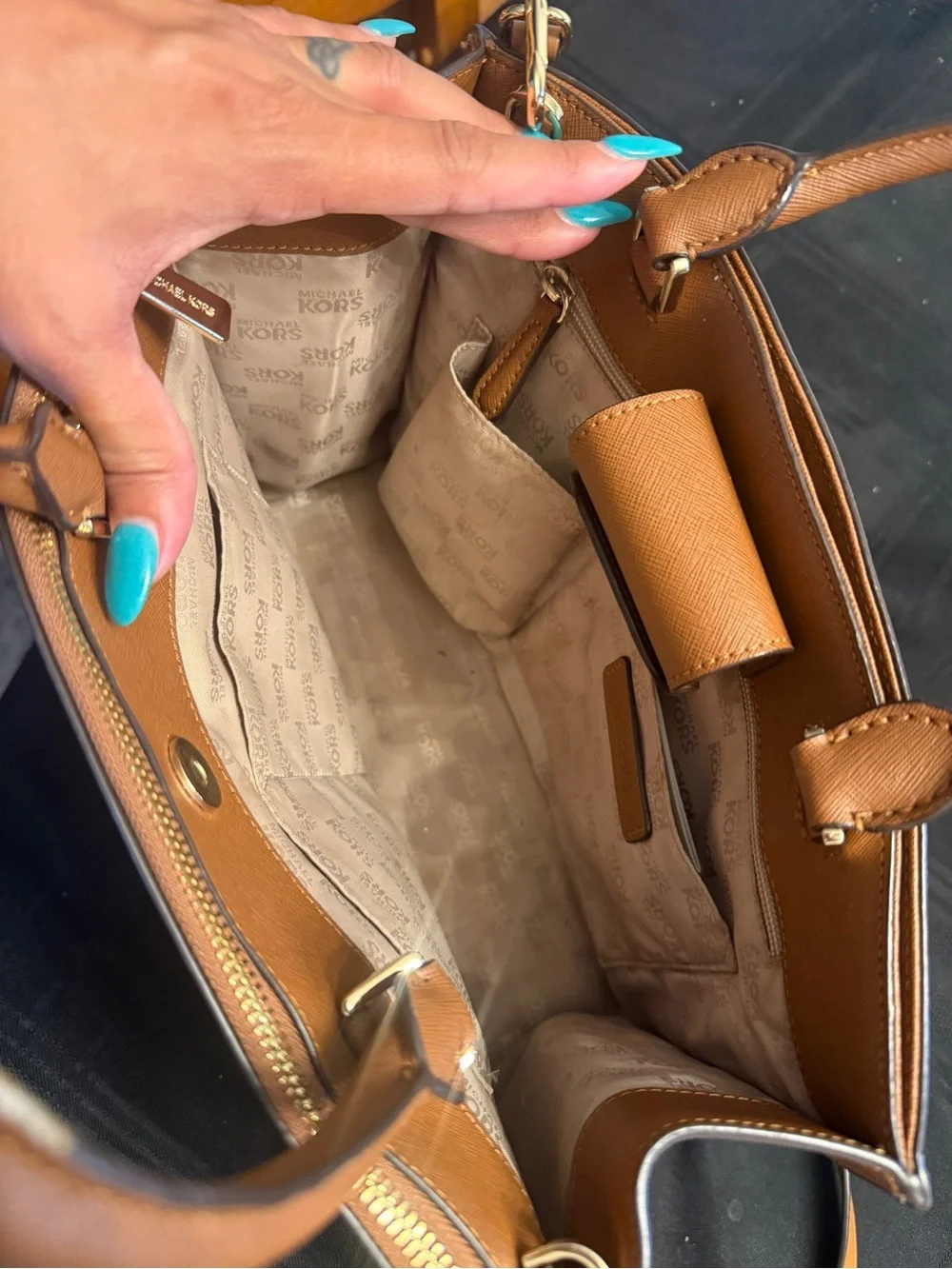 Michael Kors Cognac Saffiano Leather Satchel with Gold Accents